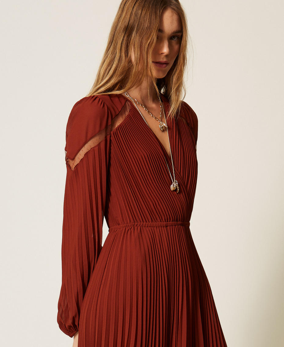 Long pleated georgette dress "Cherry Wood" Brown Woman 262TP271A_06501_04