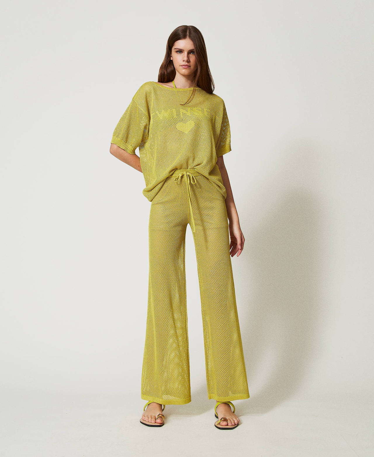 Wide leg open knit trousers Yellow Plum Woman 251LB3QCC_12124_01