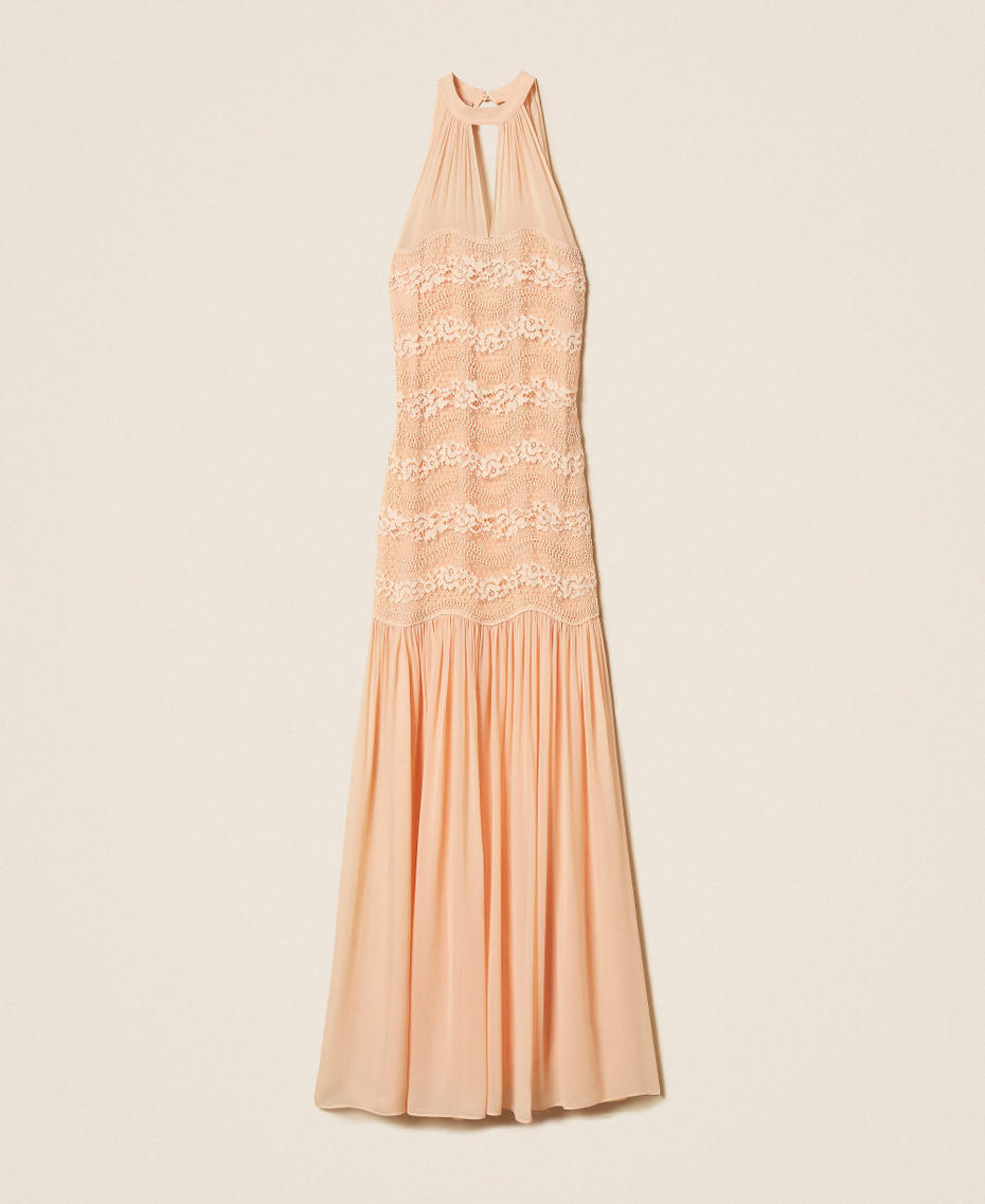 Long macram&eacute; lace and georgette dress Peach Pink Woman 261TP2780_11750_S0