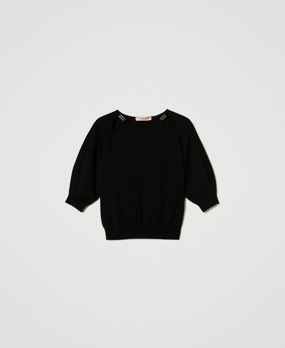 Pull avec d&eacute;coupes et Oval T Noir Femme 251TP3490_00006_S0