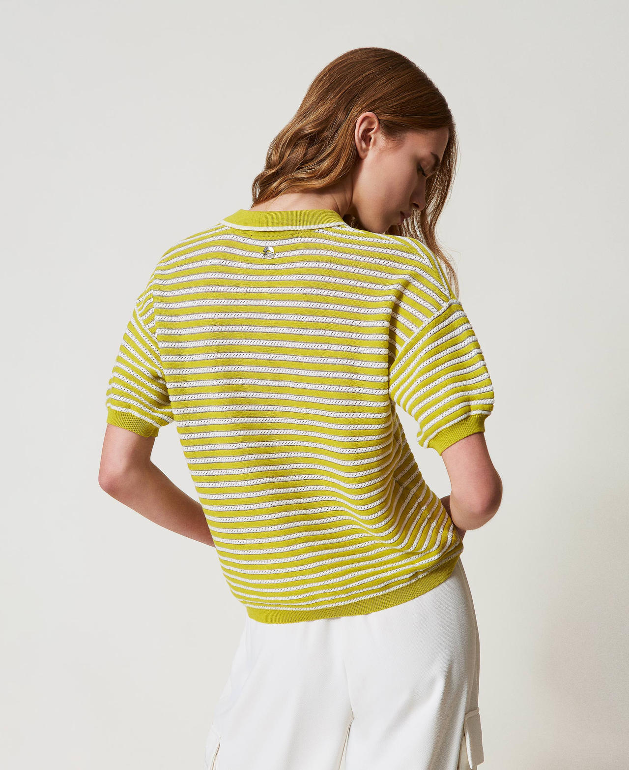 Pull polo avec rayures lurex Bicolore Sugar/Citronnelle Femme 251AP3020_12177_02