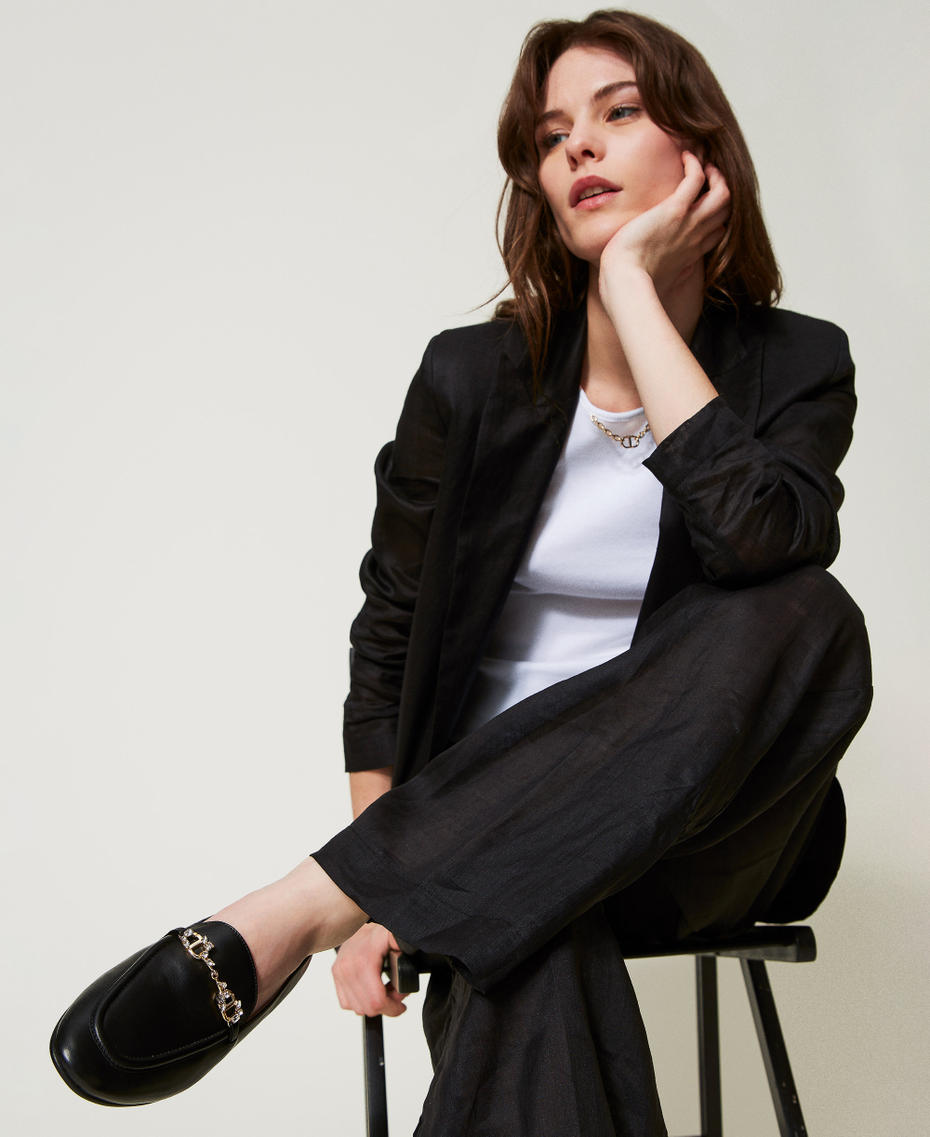 Leather loafers with rhinestone Oval T Black Woman 251TCP134_00006_T0