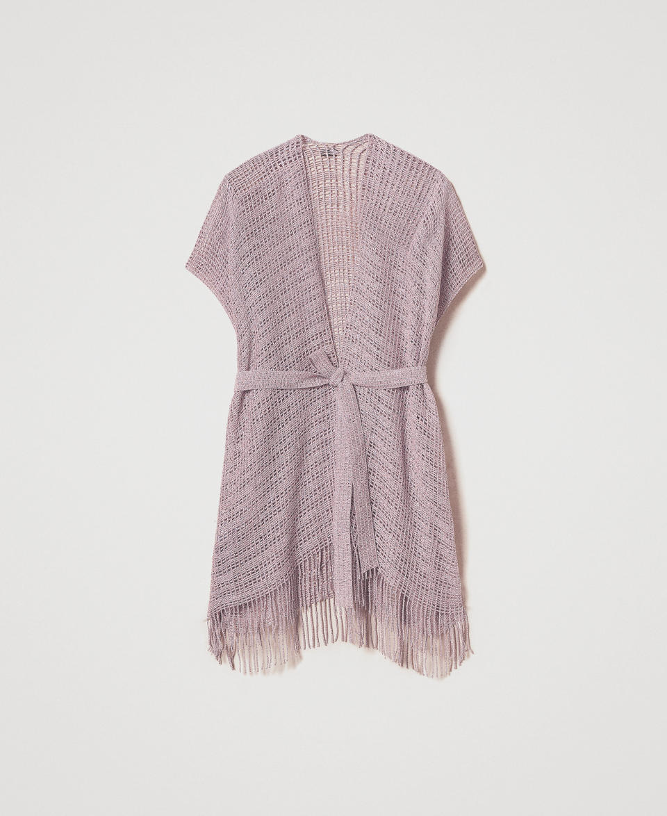 Short mesh and lurex kaftan with fringes Lilac Flowers Woman 251TO5190_00703_S0