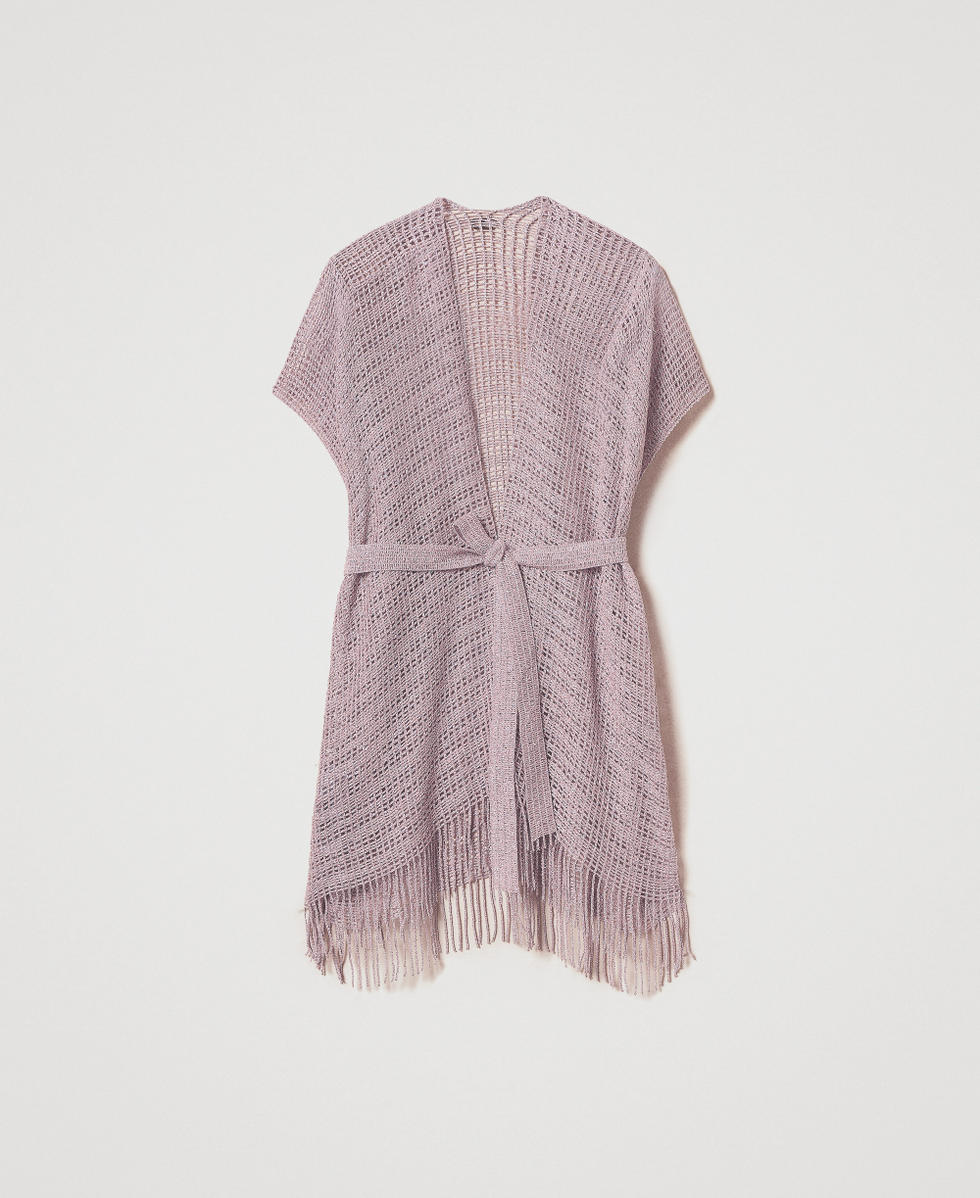 Short mesh and lurex kaftan with fringes Lilac Flowers Woman 251TO5190_00703_S0
