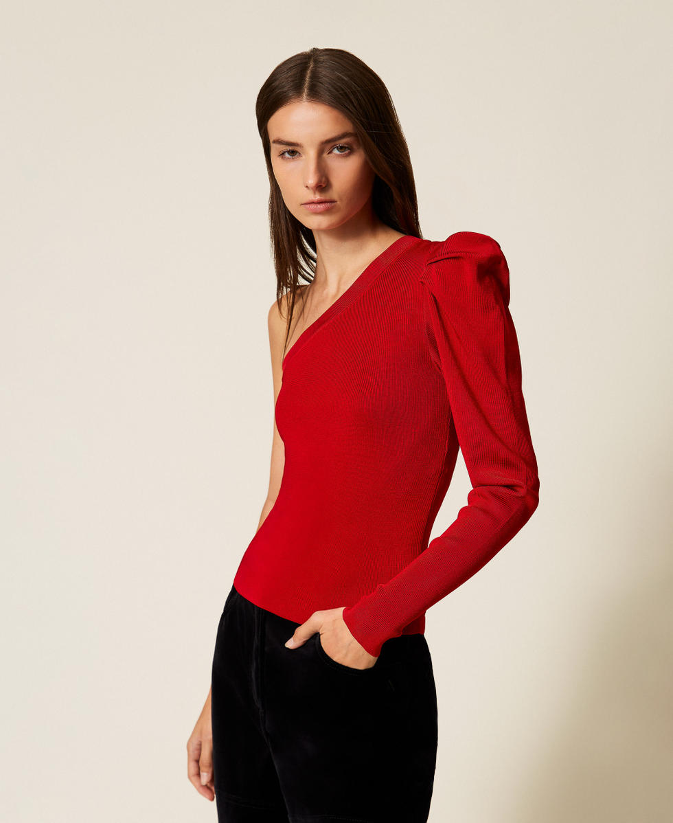 Pull asym&eacute;trique avec drap&eacute; Rouge Cerise Femme 252AT3011_00034_02