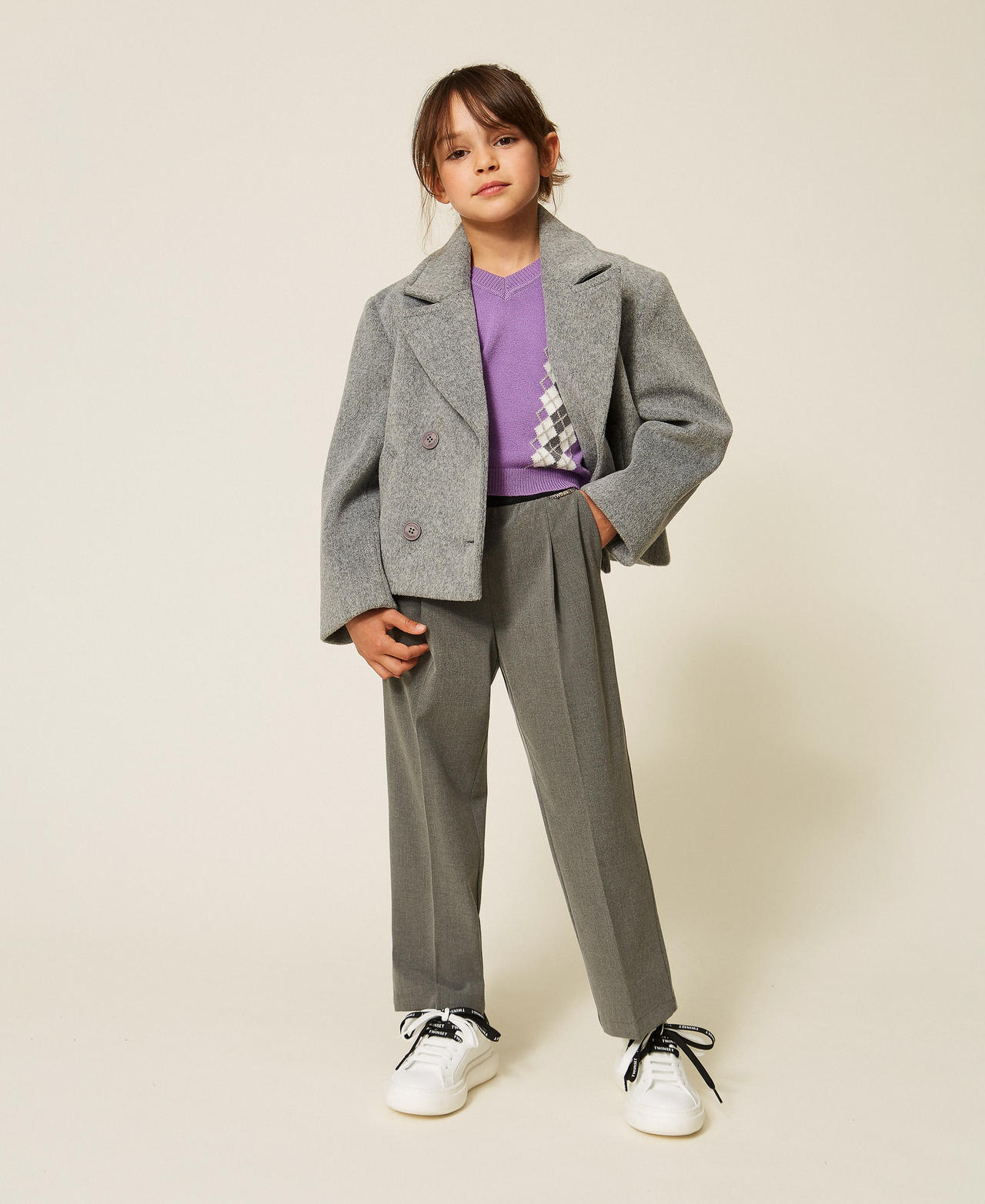 Flannel palazzo trousers with pleats Mid Grey Melange Girl 262GJ2184_12838_01