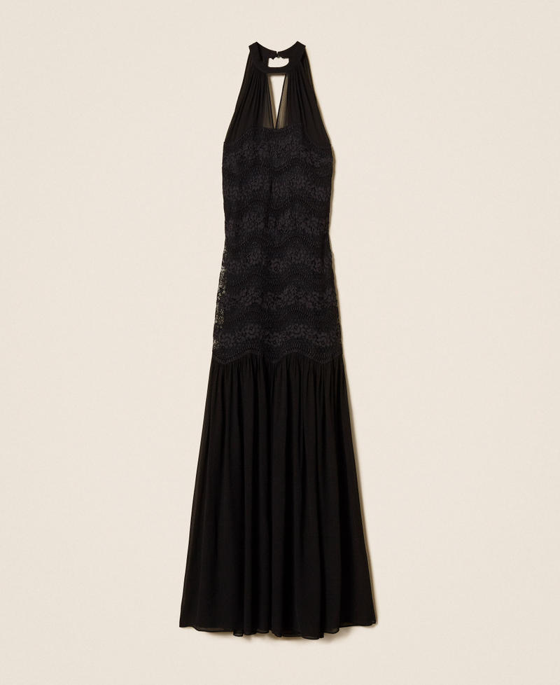 Long macram&eacute; lace and georgette dress Black Woman 261TP2780_00006_S0