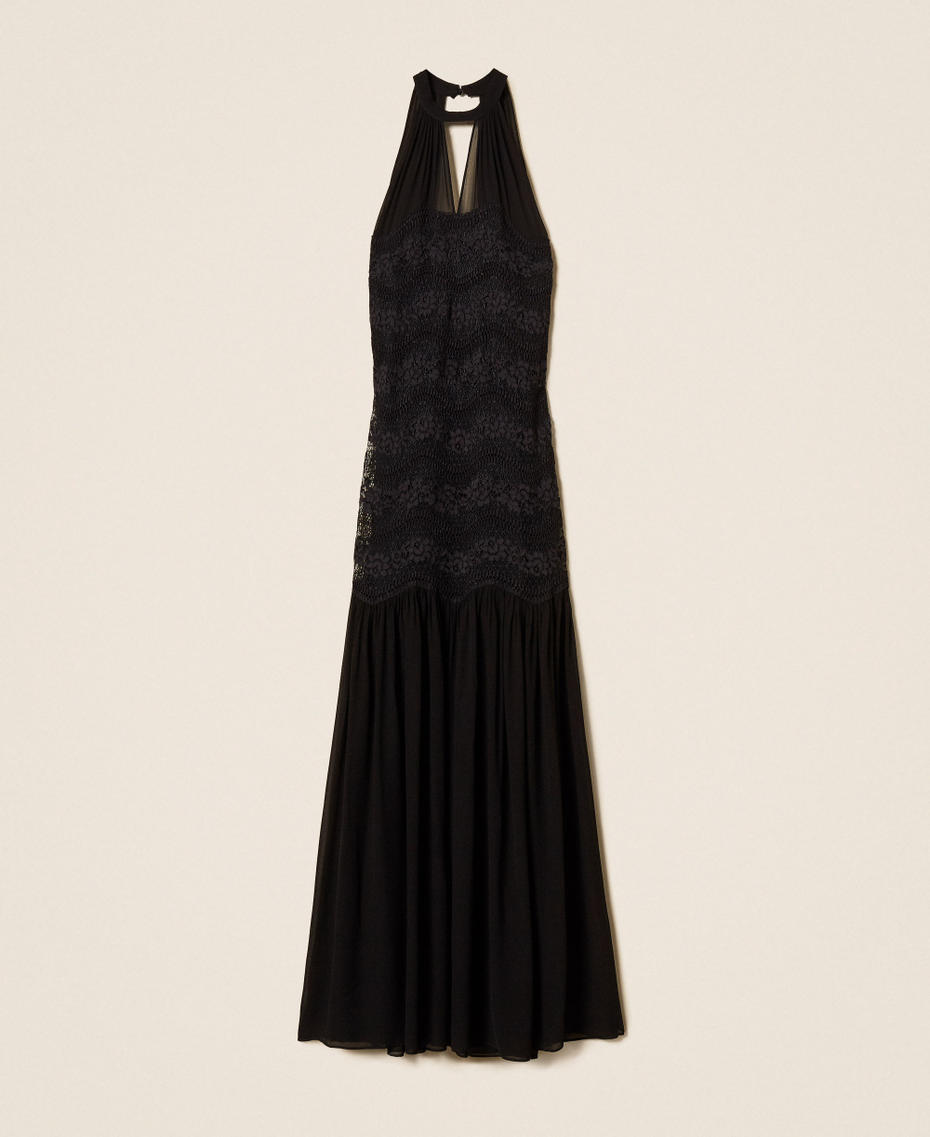 Long macram&eacute; lace and georgette dress Black Woman 261TP2780_00006_S0
