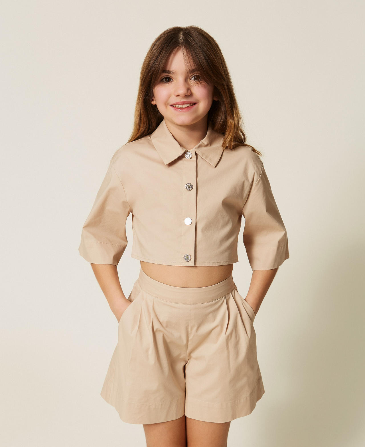 Twinset Girls Safari Beige Poplin Cropped Shirt And Shorts
