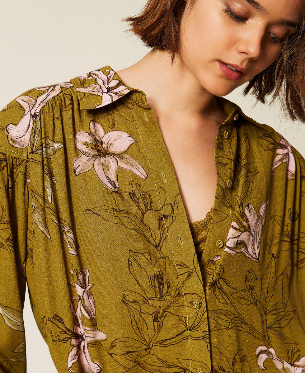 Camicia in cr&ecirc;pe de Chine a fiori Stampa Giglio Shiny Oil / Powder Rose Donna 262LI2CMM_13929_PD