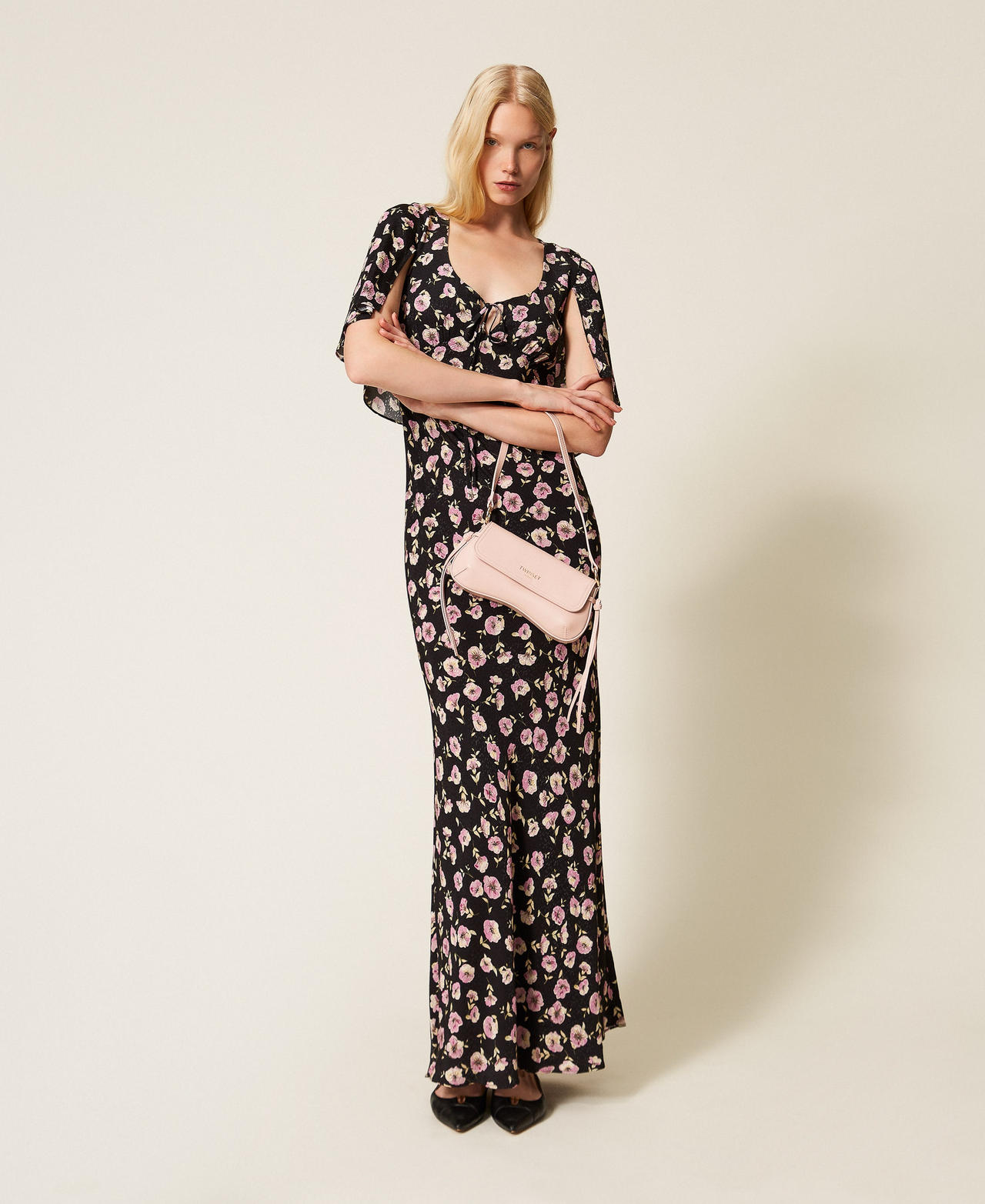 Twinset Women's Black/Rose Flower Print Long Floral Print Dress