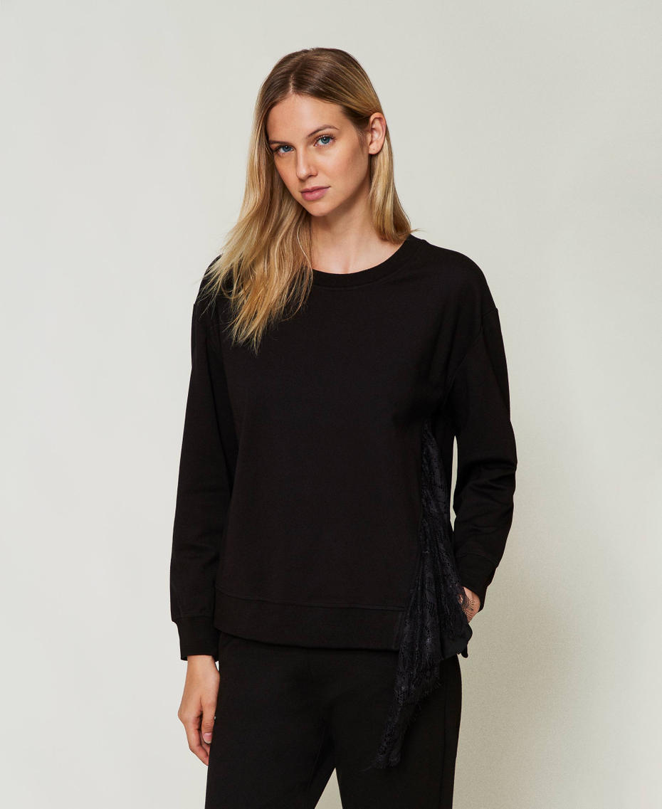 Sweatshirt with pleated insert with lace Black Woman 242LL2JCC_00006_01