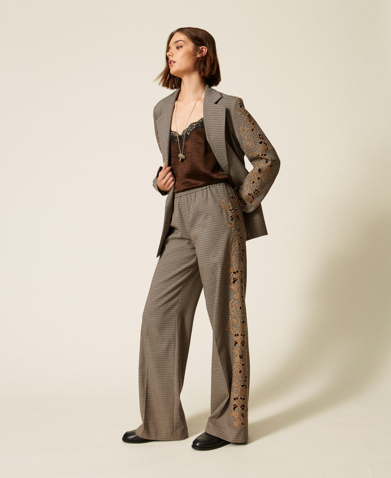 Houndstooth palazzo trousers with embroidery "Oak" Beige/Darkness Brown Houndstooth Woman 262TP2631_13828_02