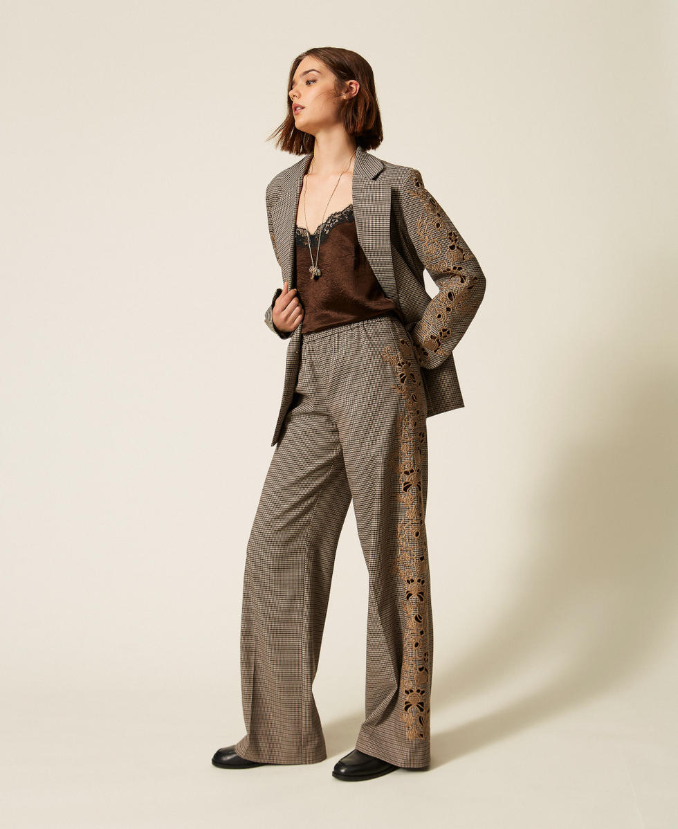 Palazzohose mit Hahnentrittmuster und Stickdetail Hahnentrittmuster "Oak"-Beige / Darkness Brown Frau 262TP2631_13828_02