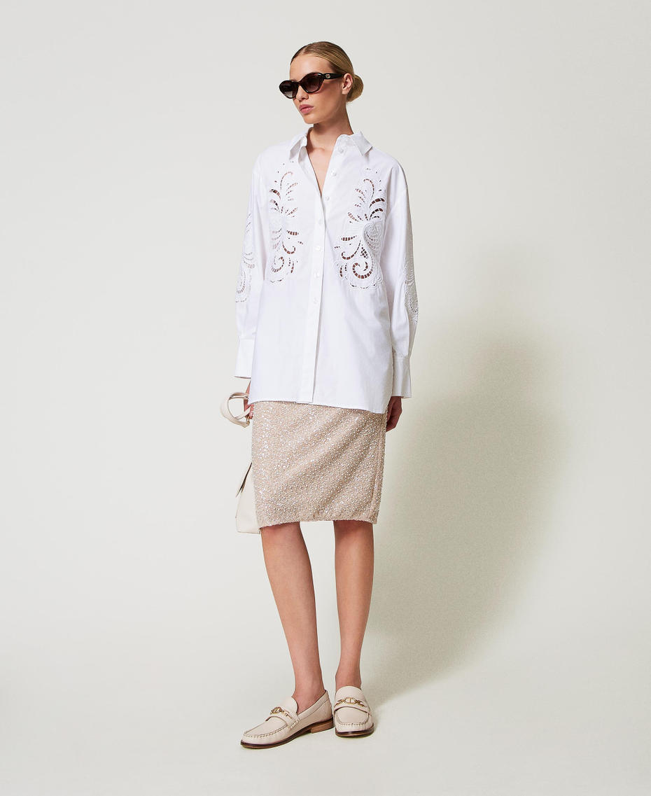 Midi skirt with sequins and pearls Snow/Delicate Beige Sequin & Pearl Embroidery Woman 251TP2200_12254_01
