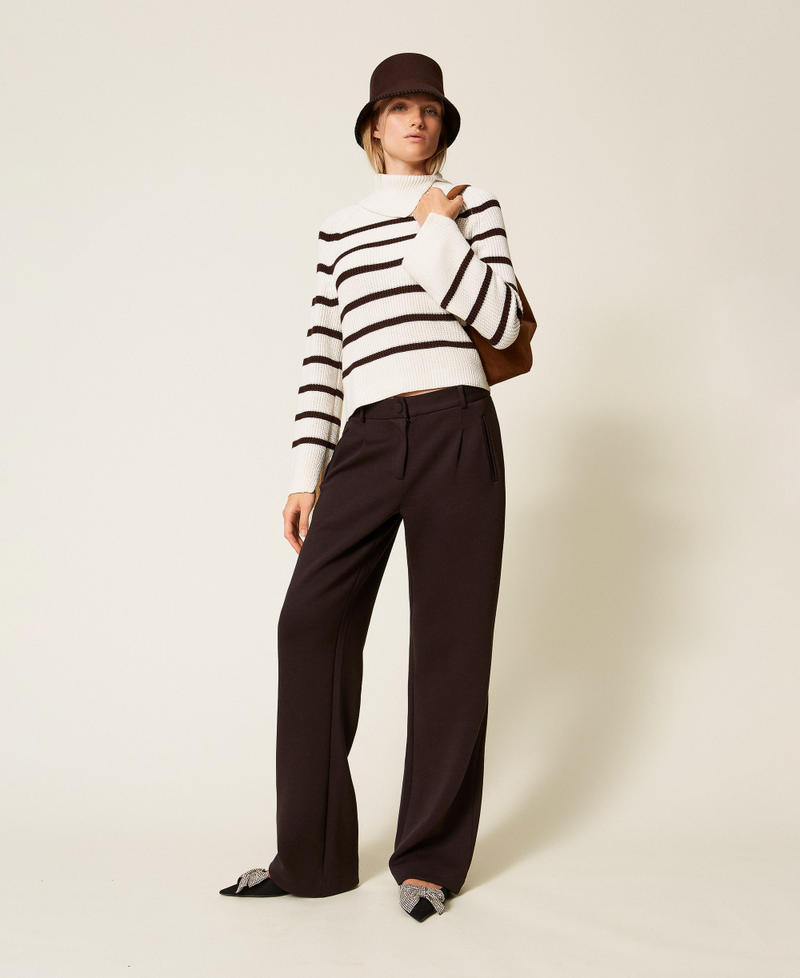 Striped jumper with asymmetrical collar Off White/Chocolate Stripe Woman 252LI3LCC_12727_T0