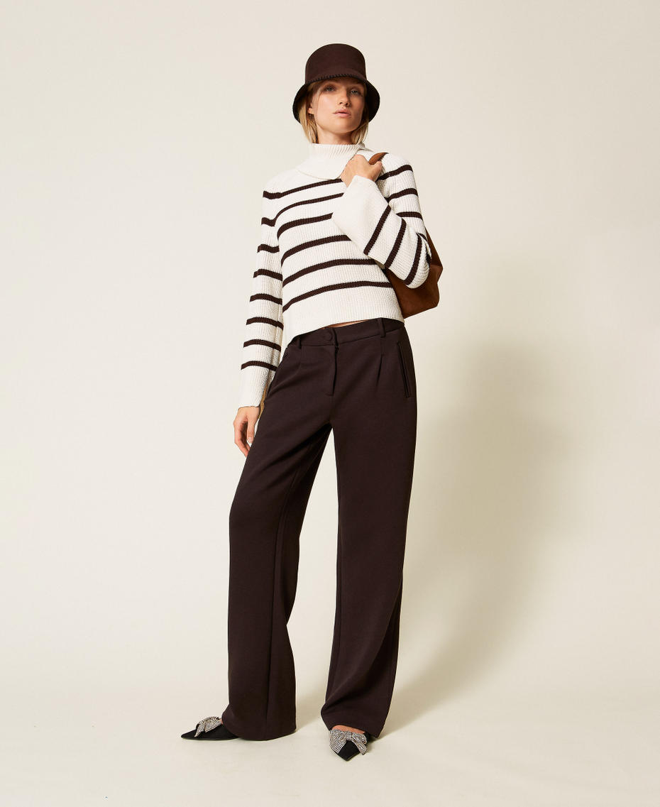 Striped jumper with asymmetrical collar Off White/Chocolate Stripe Woman 252LI3LCC_12727_T0