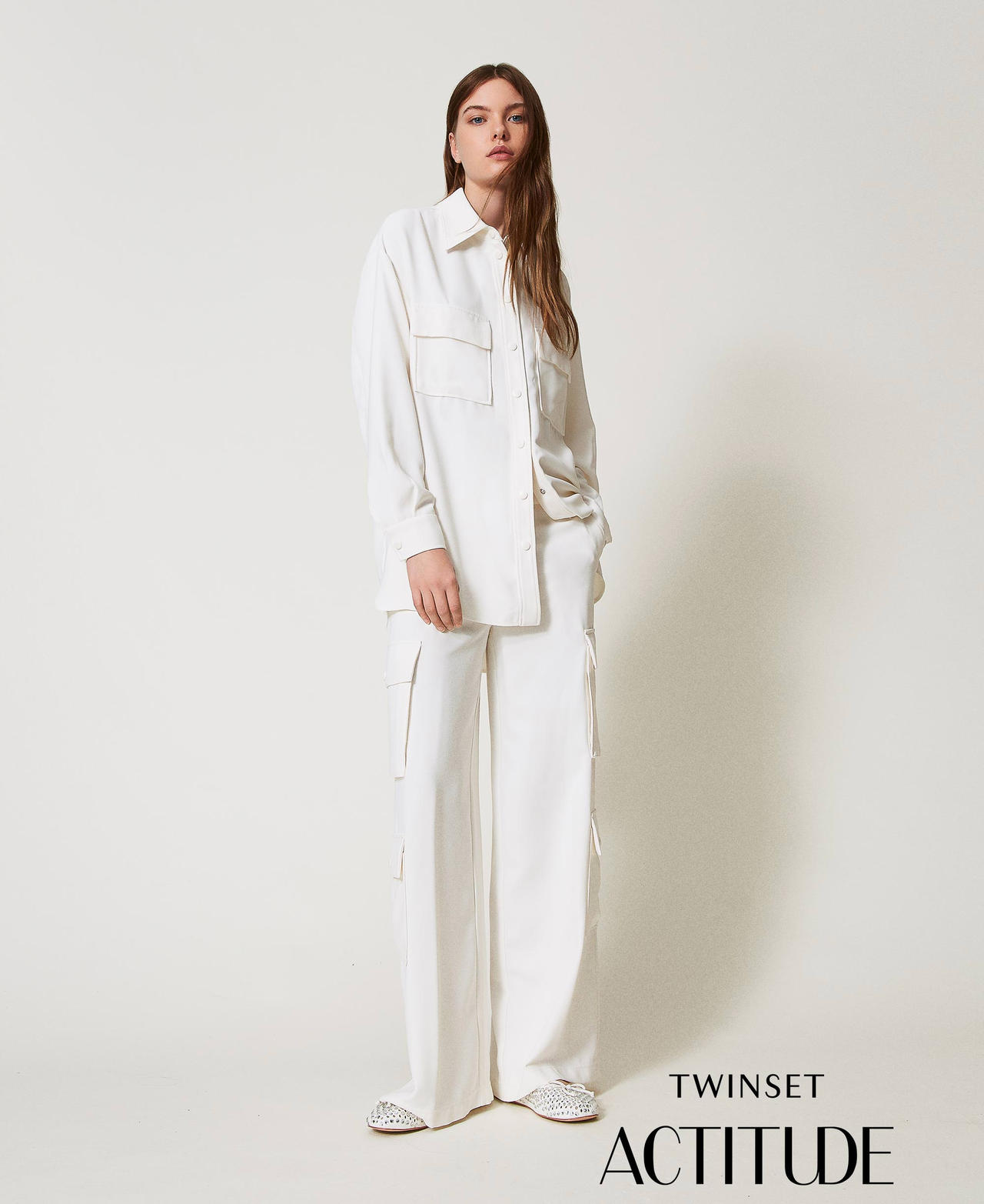 Cr&ecirc;pe piquet palazzo trousers Sugar White Woman 251AP2333_00632_PA