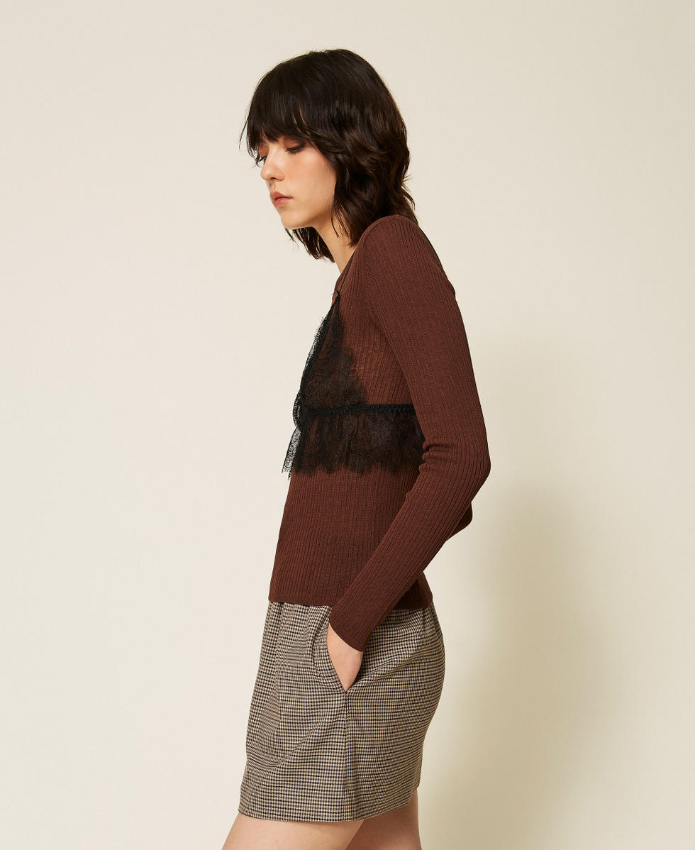 Pull en soie m&eacute;lang&eacute;e avec top Bicolore Marron "Dark Coffee" Fonc&eacute;/Noir Femme 262TP3010_13887_02