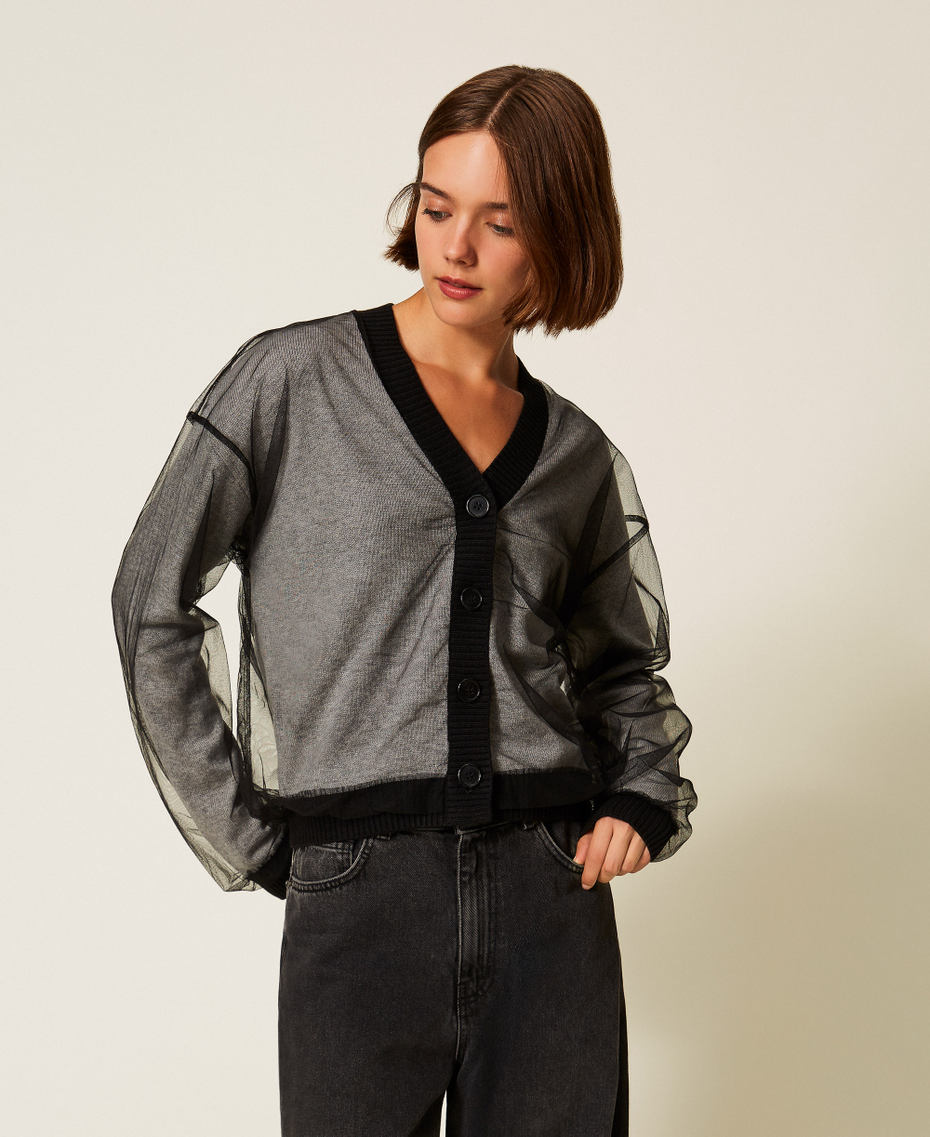 Cardigan en maille doublée de tulle Noir / Gris Chiné Femme 252LI3PAA_04033_01