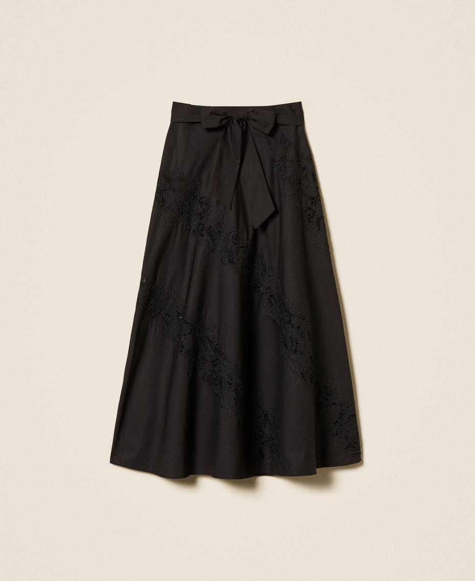 Gonna lunga in popeline e sangallo Nero Donna 261TT2030_00006_S0