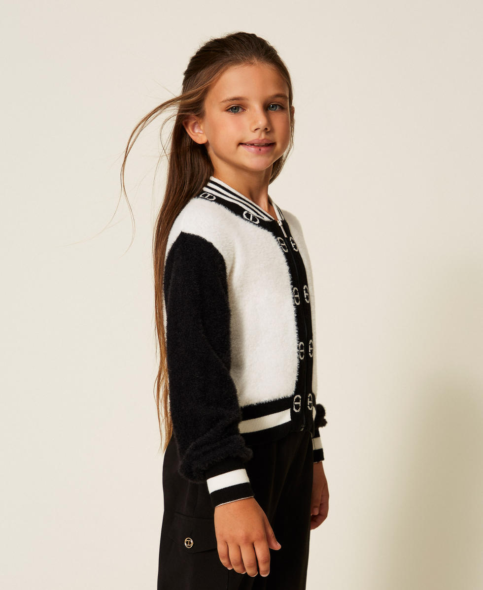 Knit bomber jacket with Oval T Bicolour Black / Off White Girl 252GJ3070_02714_02