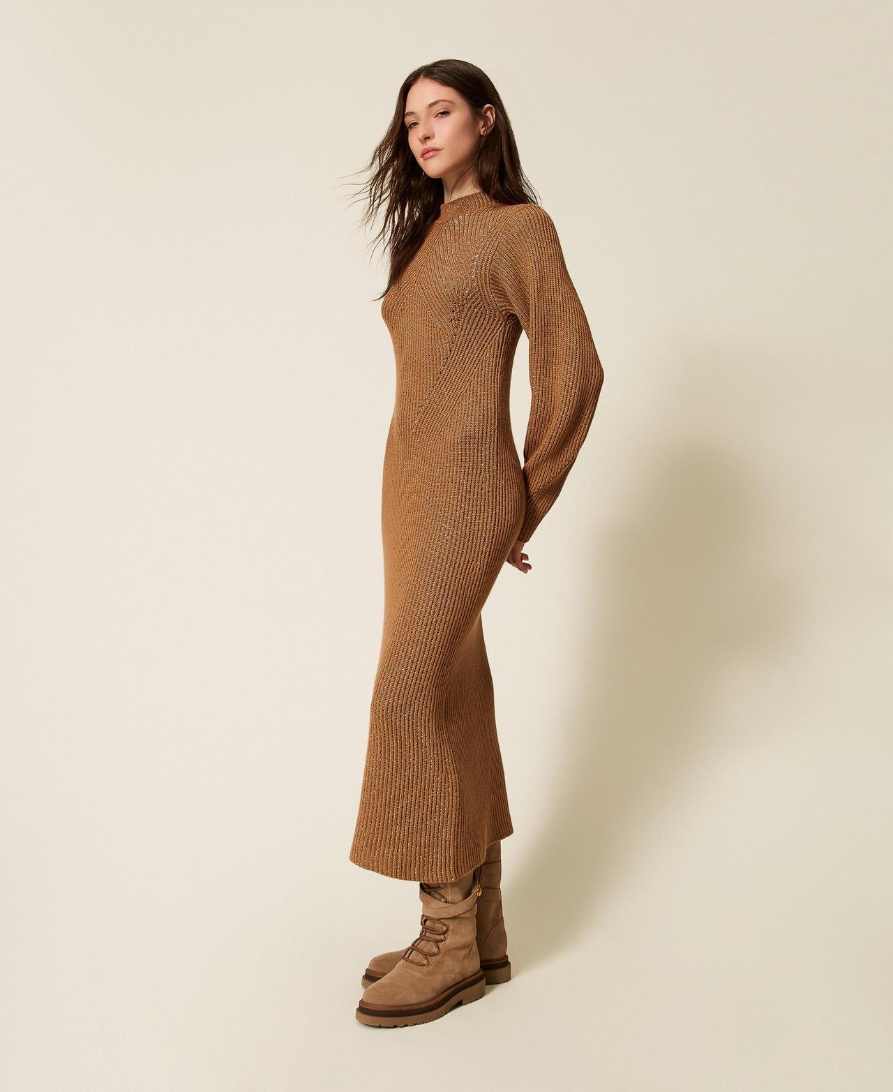 Long wool and lurex blend knit dress Two tone Alpaca Brown/Alpaca Lurex Woman 252TT3460_13013_02