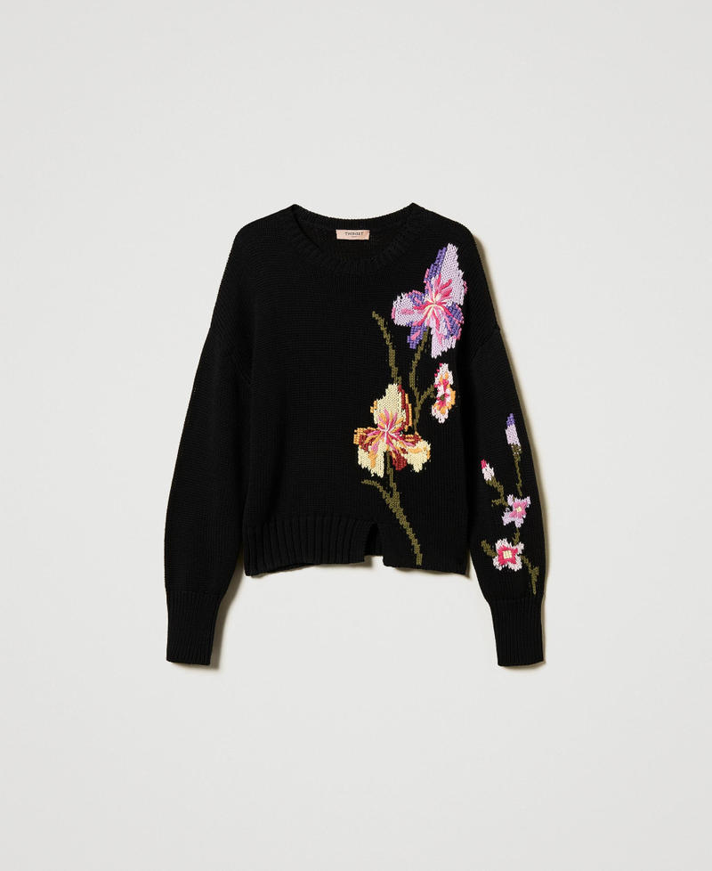 Pull avec fleurs et broderie r&eacute;alis&eacute;e &agrave; la main Noir Femme 251TP3591_00006_S0
