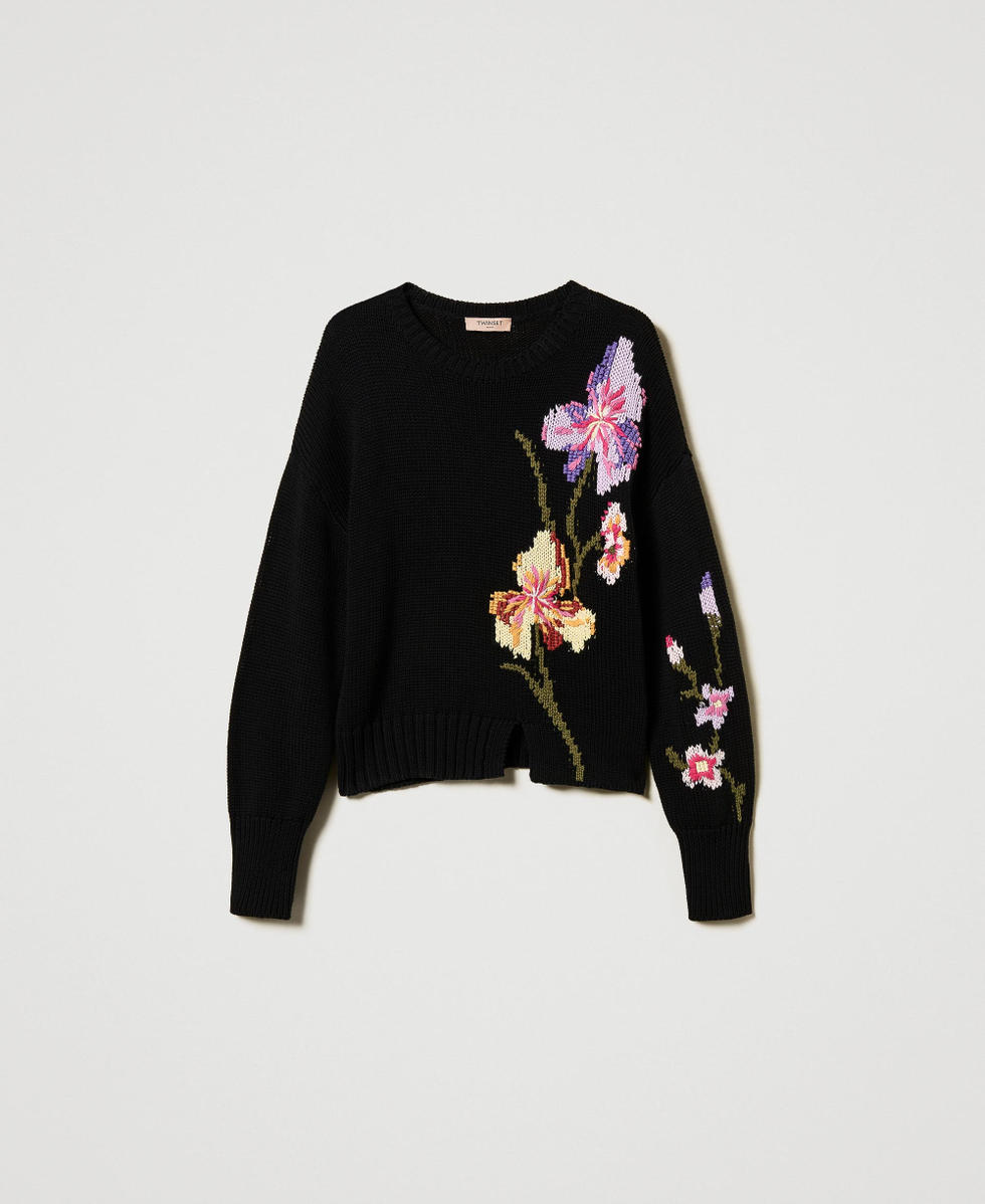 Pull avec fleurs et broderie r&eacute;alis&eacute;e &agrave; la main Noir Femme 251TP3591_00006_S0