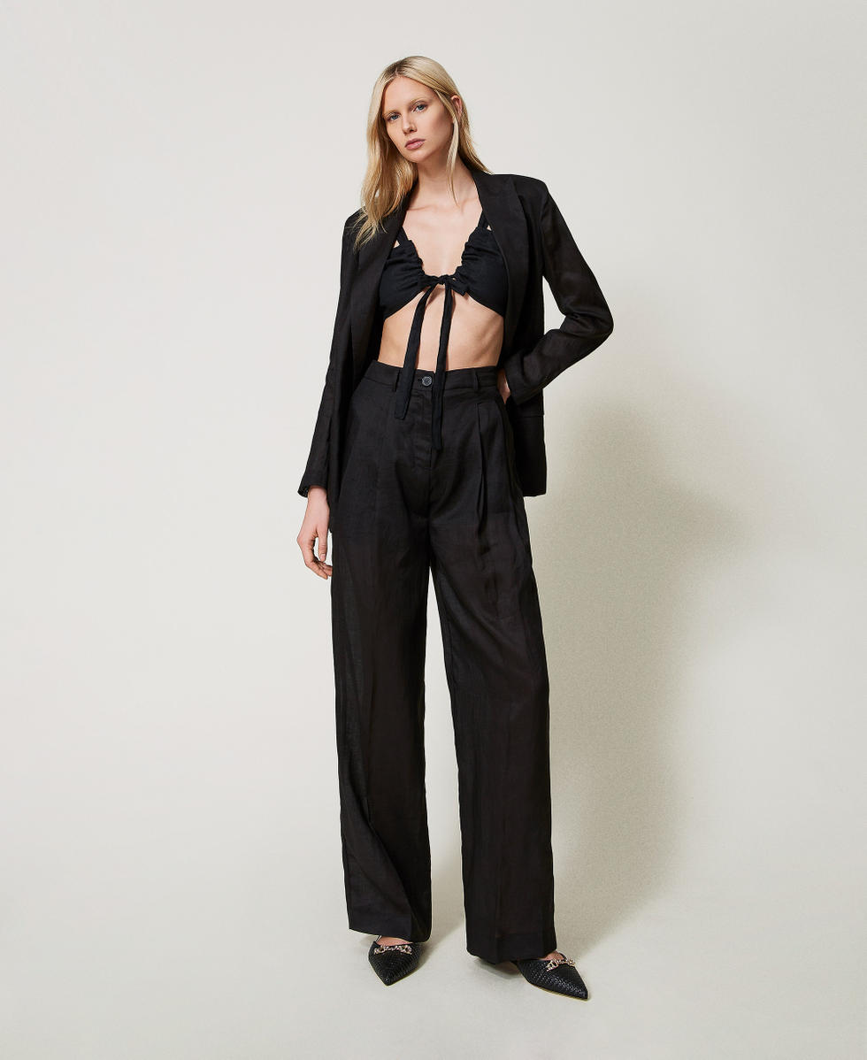 Top Donna Chvity In Lino Y2K Con Maniche Svasate E Scollo A V – Con Lacci E Fiocco – Taglie S A XL