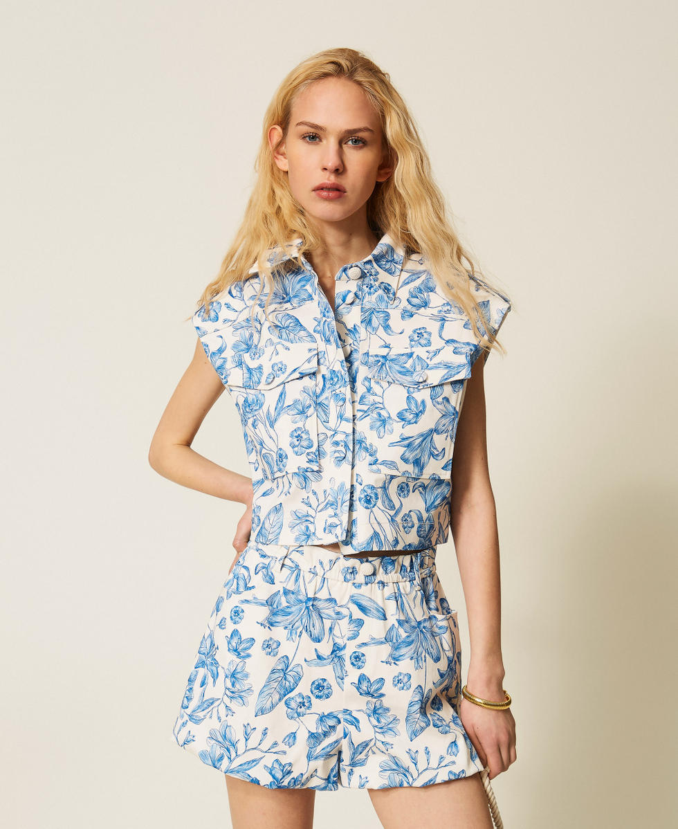 Floral bull denim gilet Off White/Med Blue Toile De Jouy Print Woman 261LM2AAA_13465_01