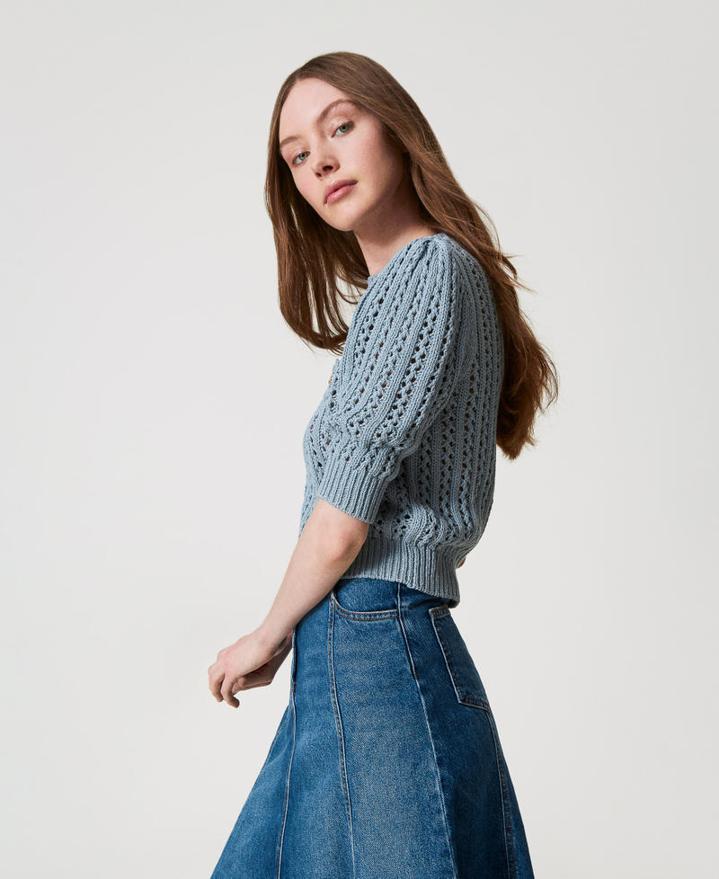 Jumper with crochet brooch Dusty Blue Woman 251TP3361_00485_02
