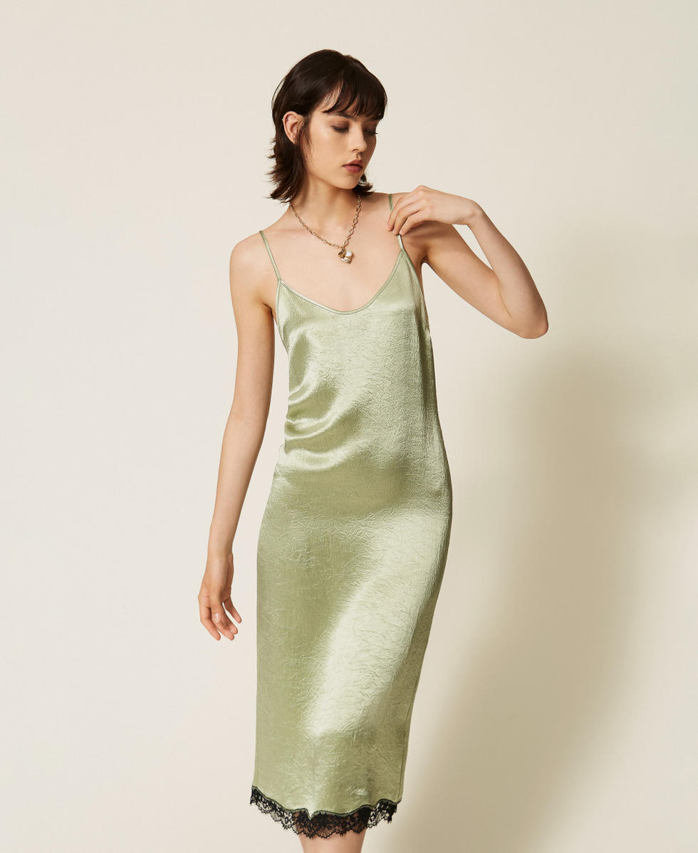 Robe midi en satin froiss&eacute; et dentelle Bicolore Vert Sauge/Noir Femme 262TP2110_13855_02