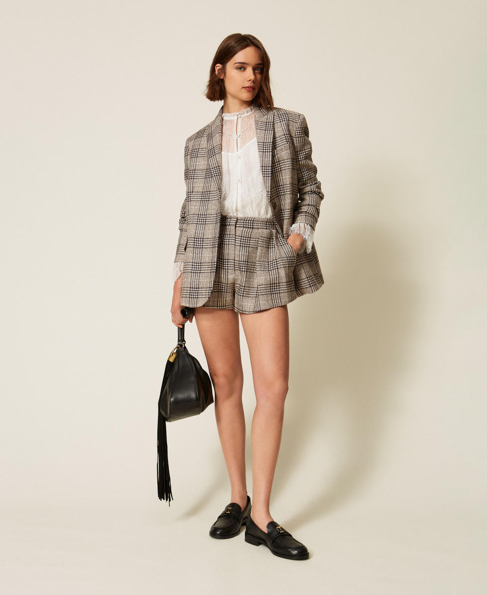 Chequered wool cloth blazer with sequins Coffee/Cold Beige Woman 262TP2742_13717_T0
