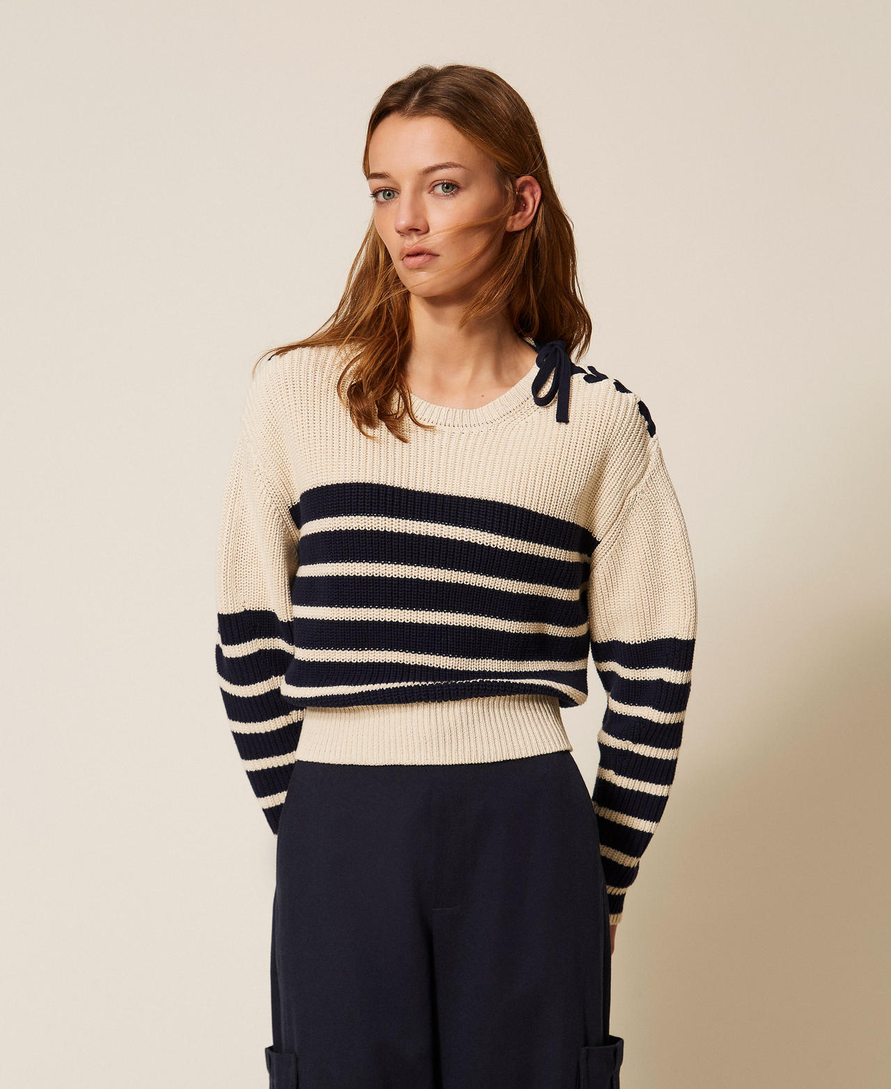 Twinset Women's Ivory/Light Blue Night Stripes Striped Boxy Jumper