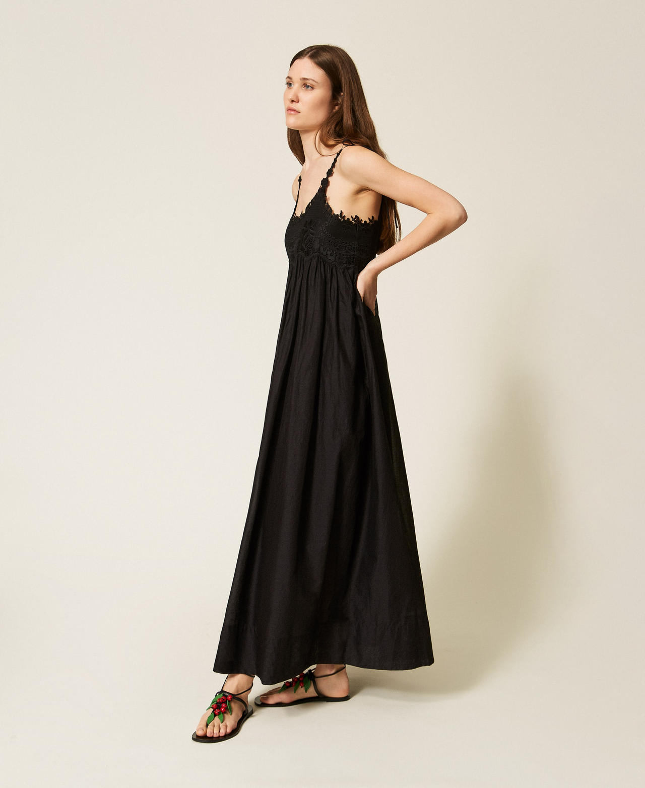 Длинное муслиновое платье с кружевом Черный женщина 261TT2140_00006_02