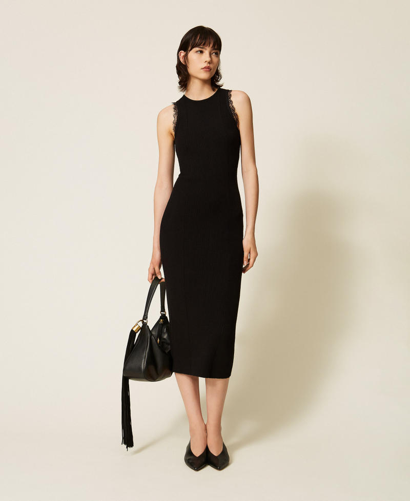 Midi knit dress with lace Black Woman 262TP3393_00006_T0