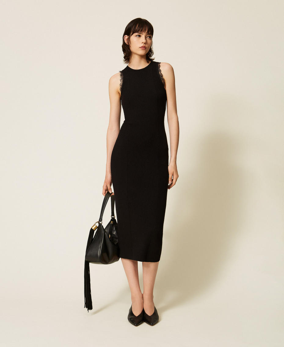 Midi knit dress with lace Black Woman 262TP3393_00006_T0