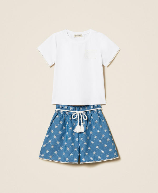 Baby-T-Shirt und Shorts aus besticktem Chambray