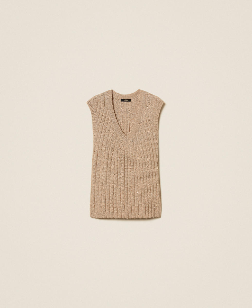 Knit gilet with sequins Powder Beige Woman 252AT3152_12970_S0