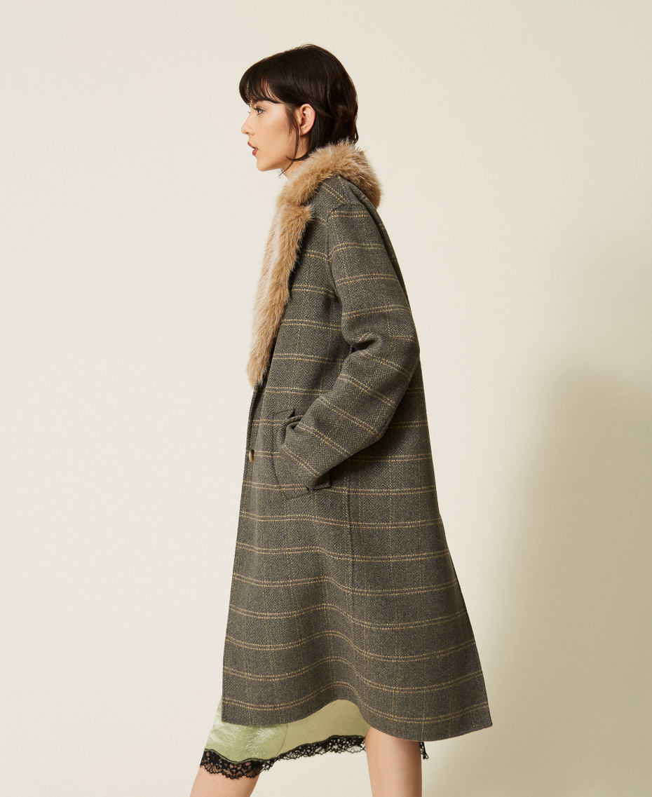 Chequered double wool coat with faux fur Grey Melange/Mustard Check Woman 262TP2220_13841_01