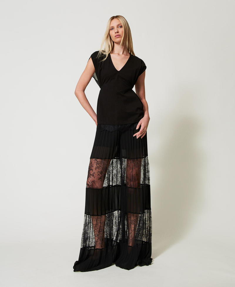 Pleated georgette trousers with lace Black Woman 251TP2782_00006_01
