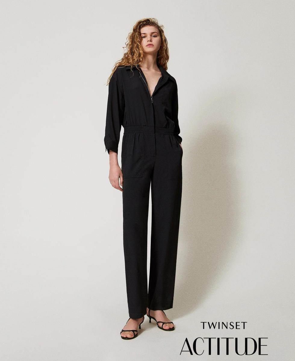 Combinaison en crêpe de Chine avec macramé Noir Femme 251AP2242_00006_PA