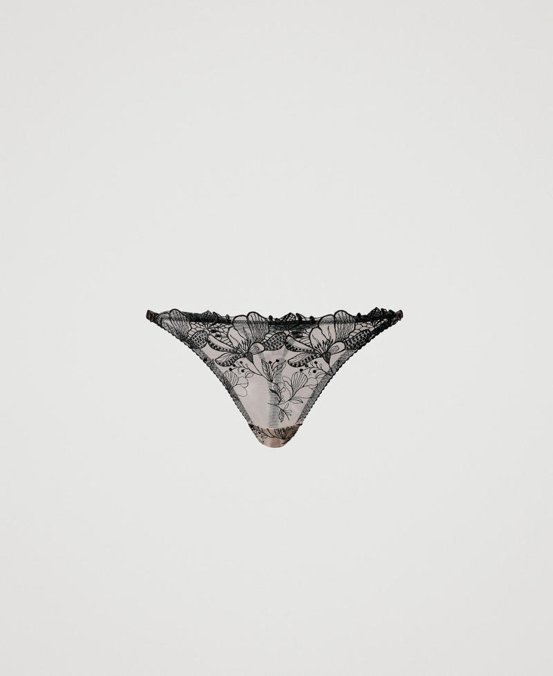 Embroidered tulle g-string Two-tone Wonder Beige / Black Woman 242LL6F88_12002_S0