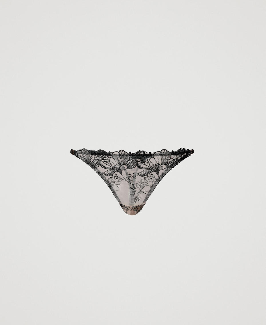 Embroidered tulle g-string Two-tone Wonder Beige / Black Woman 242LL6F88_12002_S0