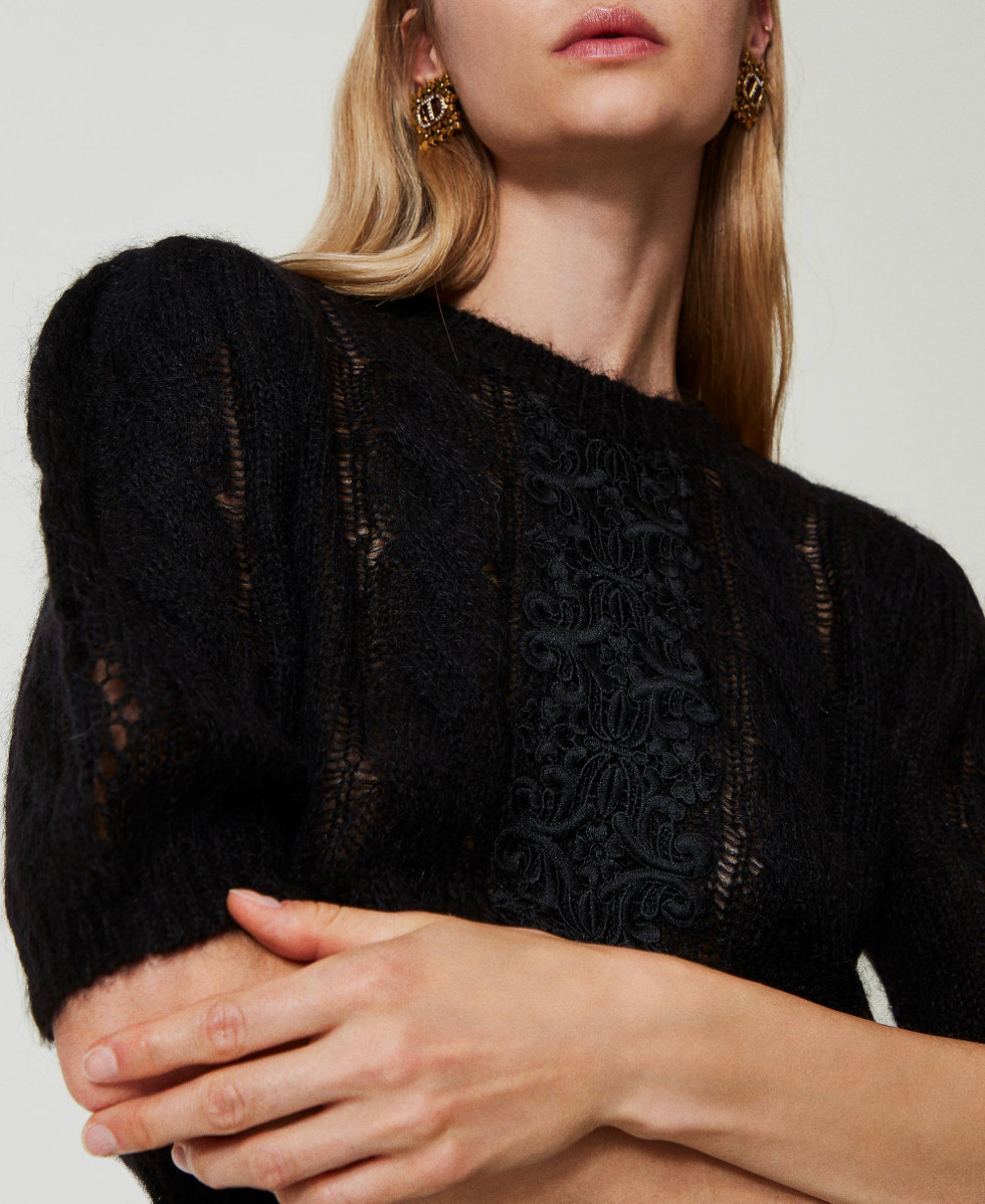 Pull en laine et mohair avec dentelle Femme Noir TWINSET Milano