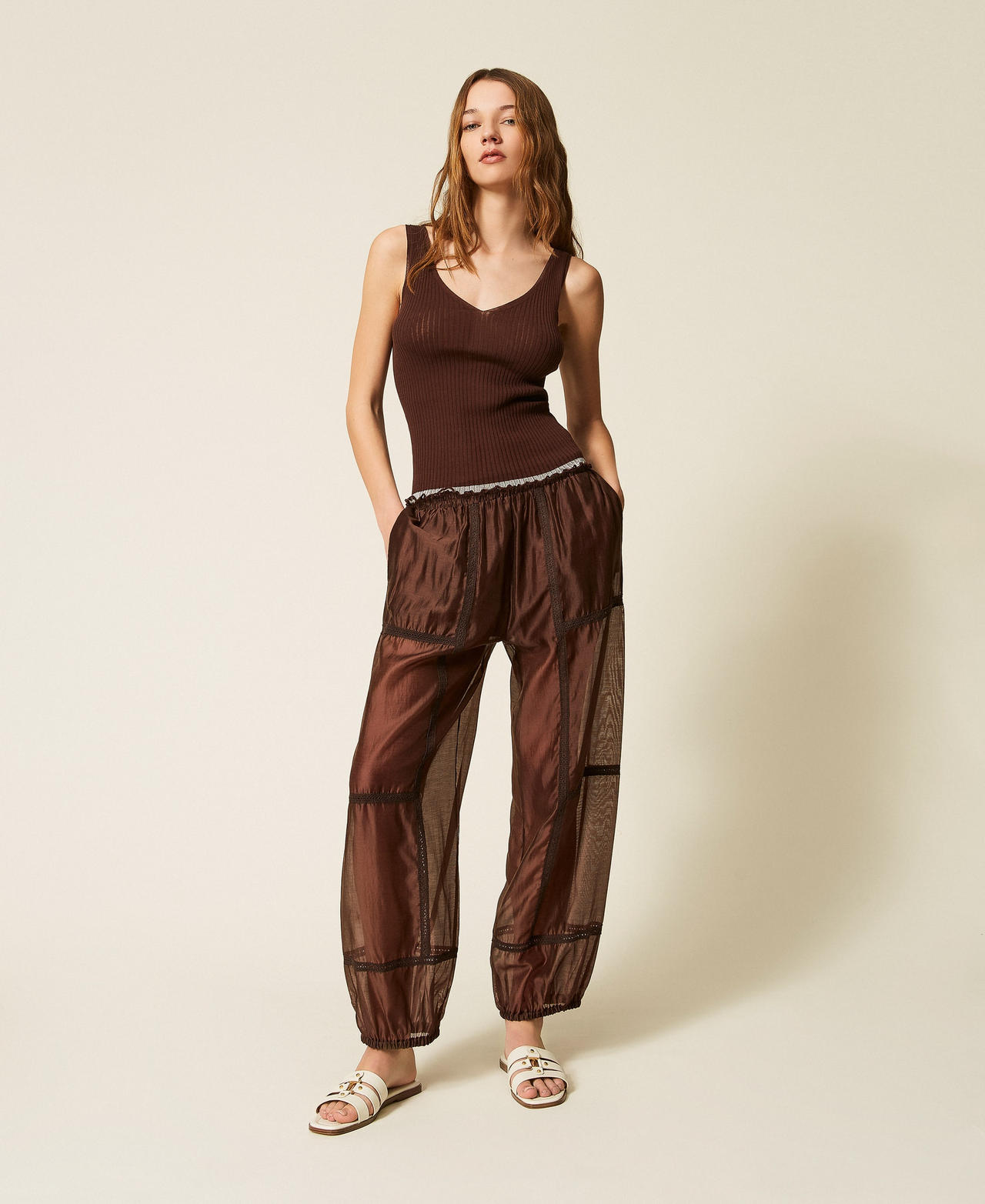 Twinset Women's Coffee Liqueur Knit Top With Ruffles