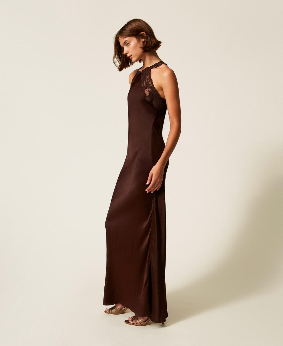 Long satin halter dress with embroidery Black Chocolate Woman 252TT2240_11054_02