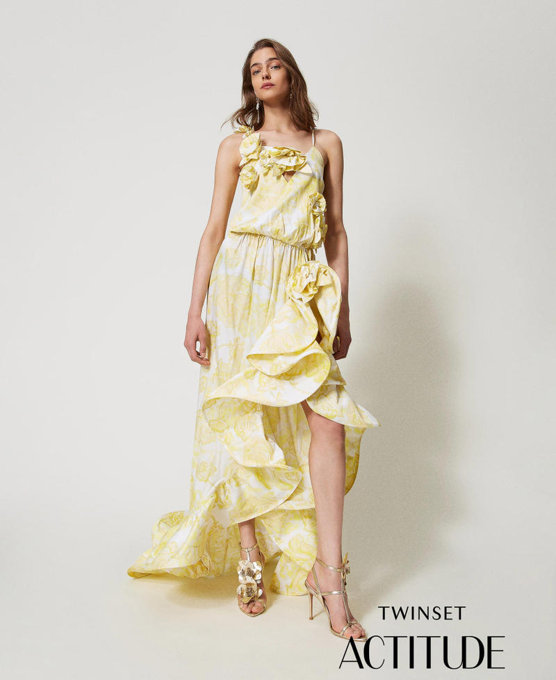 Robe longue avec roses appliqu&eacute;es et volants Yellow Pear Roses Femme 251AX2037_12434_PA