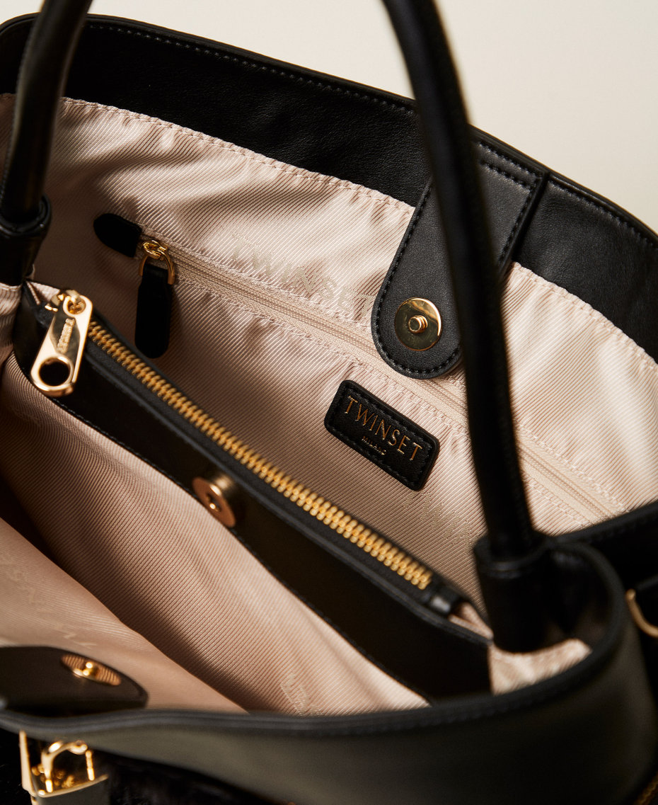 Bolso shopper de pelo sintético con lock Oval T Negro Mujer 252TD8400_00006_04